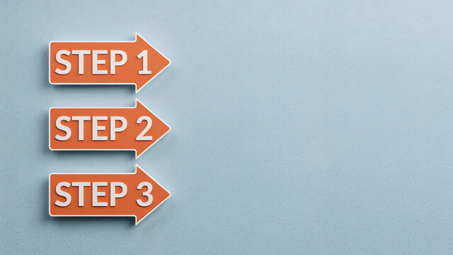 Three orange arrows labeled step one two and three representing a sequential process with sequential business progress numbered direction planning strategy management workflow development