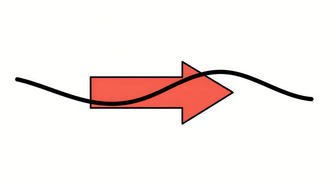 Minimalist illustration of a red arrow pointing right traversed by a black wavy line with direction abstract movement illustration isolated