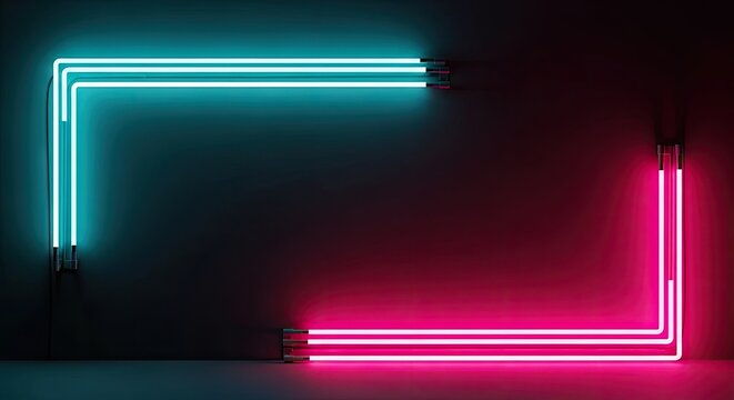 Pink and cyan neon L-shaped tubes on black wall.