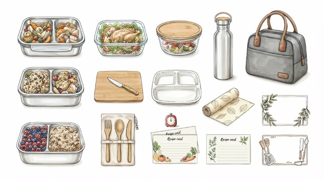 Hand-drawn meal prep and lunch box elements set vector illustration draw
