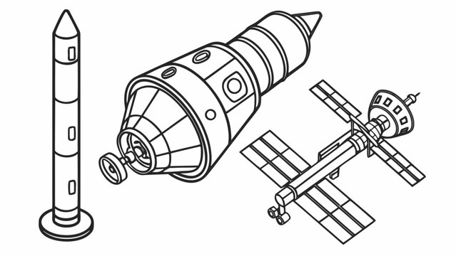 Aerospace equipment space rocket and satellite line art with spacecraft