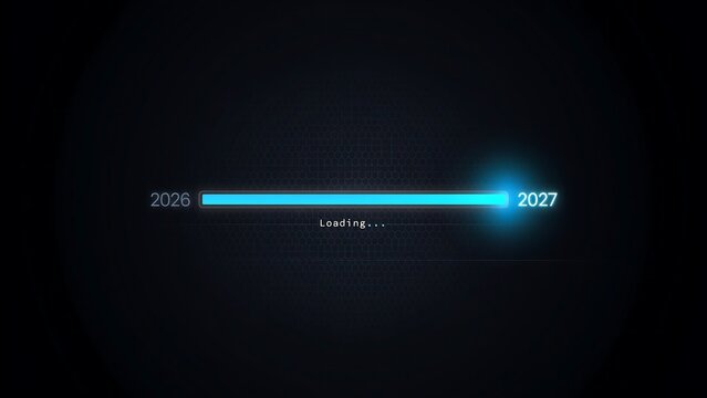 Futuristic loading bar between years 2026 and 2027 with digital glow effect