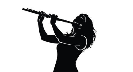 Female musician silhouette plays a flute with focused posture, depicted in a stark black and white graphic style. © Abdul