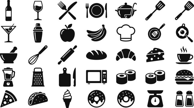 A comprehensive collection of black silhouette icons representing various kitchen tools food items cooking utensils and dining equipment for design projects
