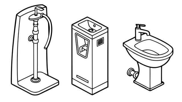 Isometric bathroom fixtures line art icons set with bathroom fixtures plumbing