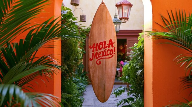 Wooden surfboard sign with red text hanging in a colorful courtyard with palm leaves