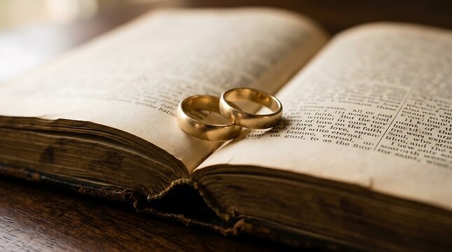 Two golden wedding rings resting on the open pages of an old antique book with soft lighting and a dark background