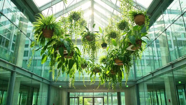 Modern office atrium with hanging indoor plants and glass ceiling interior architecture biophilic design business