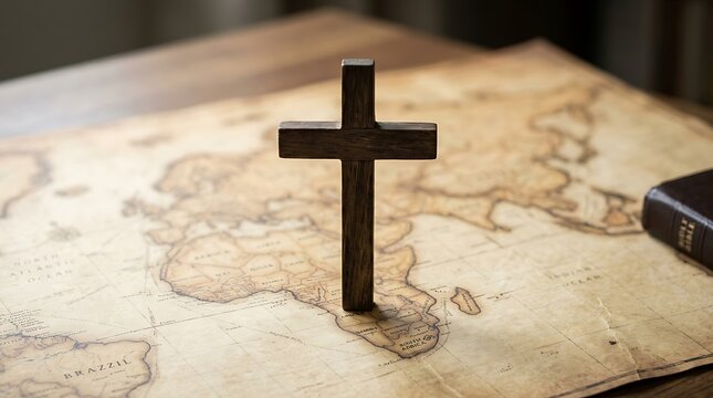A black christian cross standing upright on a vintage world map representing global religion and faith missionary work