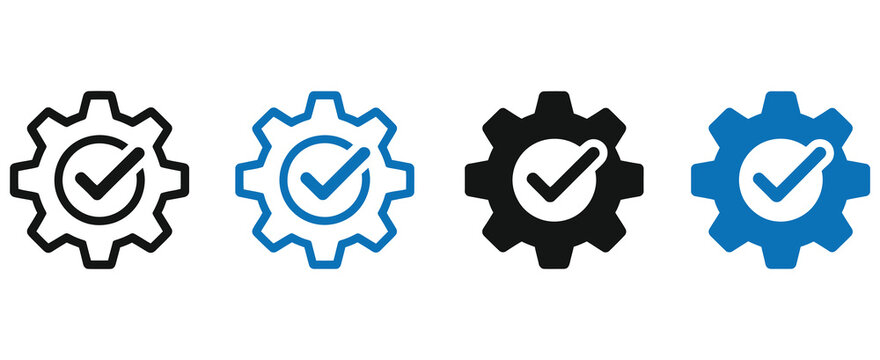 easy installation icon vector, gear and check mark symbol, quick settings icon, simple configuration approval sign, modern flat editable illustration for web, mobile app, software interface, dashboard