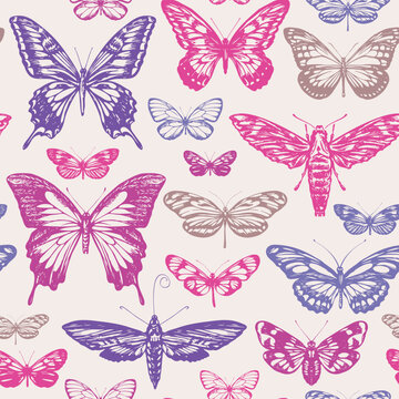 Vector seamless pattern with colorful sketches of insects butterflies. Drawing done with marker. Suitable for fabric, wrapping paper, T-shirts, wallpaper, and backgrounds.
