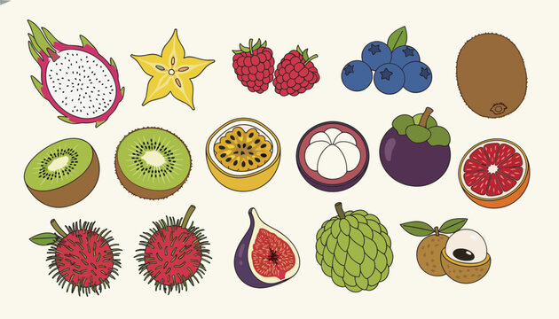 Collection of exotic tropical fruits including dragon fruit starfruit raspberries blueberries kiwi passion fruit mangosteen and rambutan.