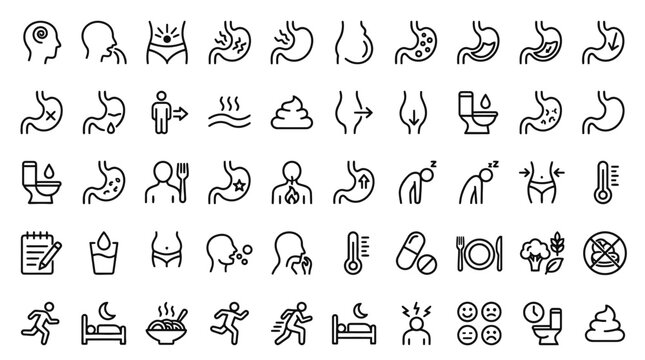 Medical line icon set representing digestive system problems stomach pain heartburn constipation and gastrointestinal symptoms. EPS Editable