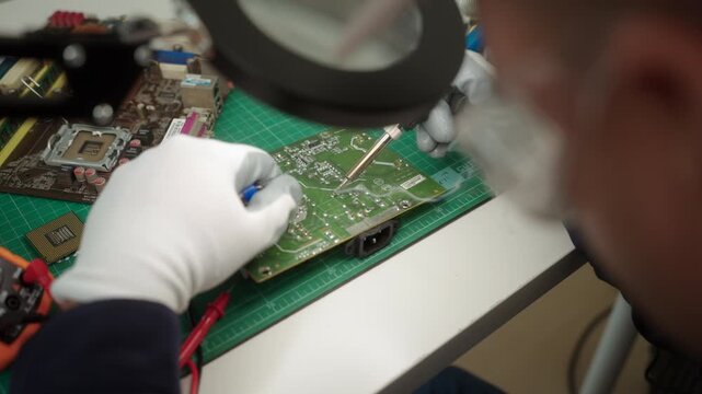 Close-up an electronics technician soldering a printed circuit board during electronic equipment repair. Precision engineering, PCB diagnostics, right to repair. Technology and electronics service.
