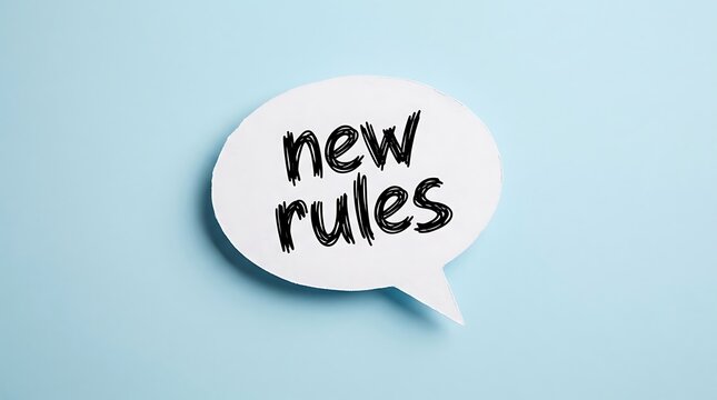 New rules text written inside a white speech bubble icon on a light blue background for business communication
