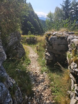 Rocky mountain path near Forte Dosso delle Somme in Trentino