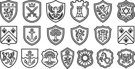 Set of vintage heraldic shield icons featuring various medieval symbols and ornate designs for historical graphic design projects © monoara begum