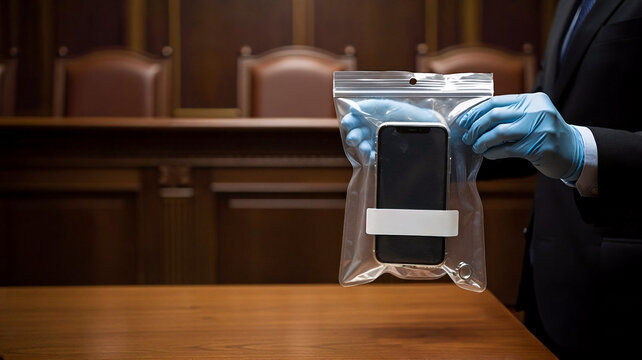 A person in a suit and blue gloves presents a smartphone inside a plastic evidence bag in an empty courtroom setup. Concept of digital forensics, electronic evidence, and legal investigation.