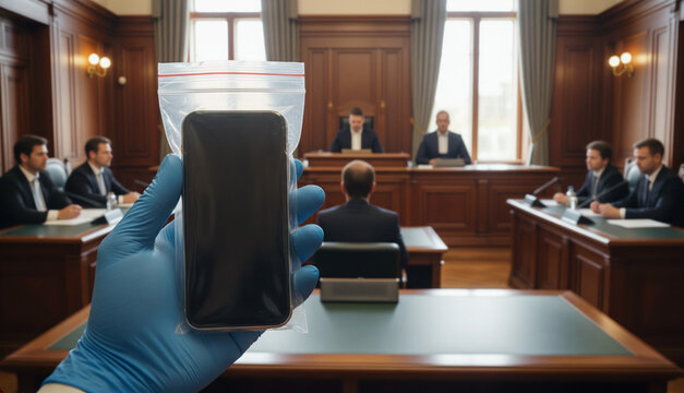 A person wearing a blue glove holds a smartphone in a plastic evidence bag inside a blurred courtroom during a legal trial. Concept of digital forensics, cyber crime law, and justice system.