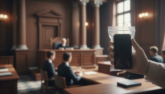 Close up of a person holding a smartphone in a plastic evidence bag inside a blurred courtroom during a legal trial. Concept of digital evidence, cyber crime, and law enforcement justice.