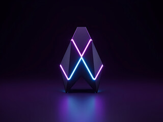 Fototapeta premium A futuristic digital abstract 3D object glowing with vibrant neon lights against a dark purple background