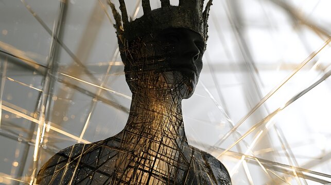 Prompt: A poetic fine art double exposure portrait. The dark silhouette of a standing crowned demon figure is filled with a scenic landscape of a hyper-dimensional tesseract where glowing golden 