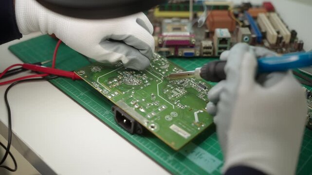 Close-up an electronics technician soldering a printed circuit board during electronic equipment repair. Precision engineering, PCB diagnostics, right to repair. Technology and electronics service.
