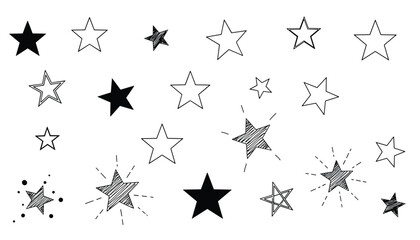 Fototapeta premium Assortment of hand-drawn stars in various styles, including solid, outlined, and scribbled designs, ideal for decorative and festive graphics.
