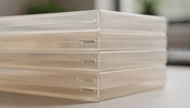 Closeup of translucent bioplastic media cases stacked neatly highlighting ecofriendly packaging with soft blurred background for sustainable software distribution.