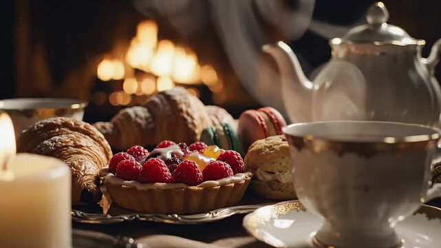 Elegant tea set with pastries and dessert by a cozy fireplace