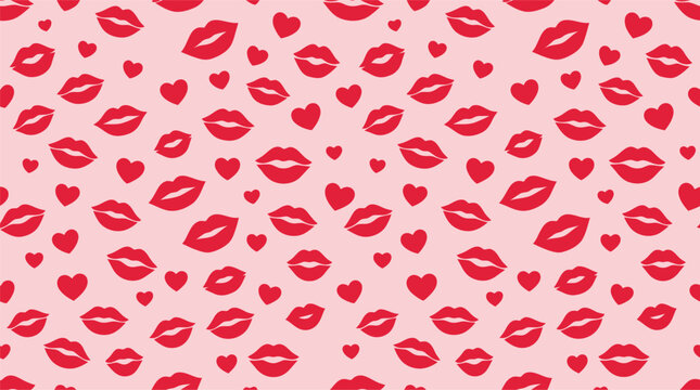 Red lips and heart shapes pattern on a soft light pink background for valentine day design Vector
