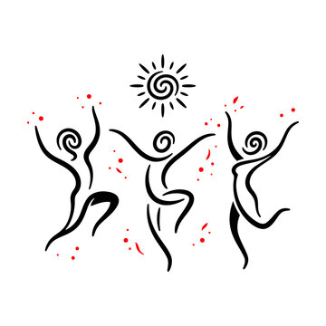 Abstract line art illustration of three happy dancing people under a summer sun Vector