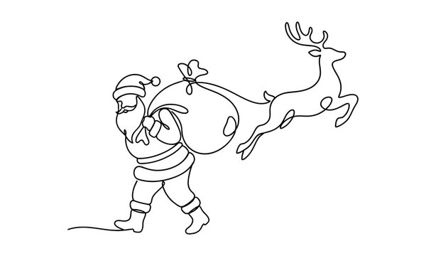 Santa claus riding a flying reindeer with a big gift sack isolated on transparent background, Vector, illustration Christmas Day 2027 one line art vector editable design