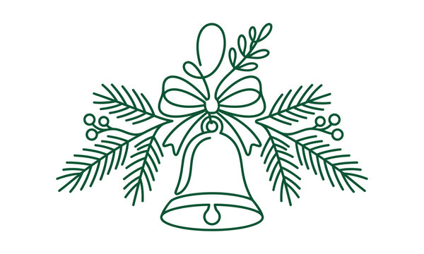Minimalist green christmas bell with ribbon and holly leaves illustration isolated on transparent background, Vector, illustration Christmas Day 2027 one line art vector editable design