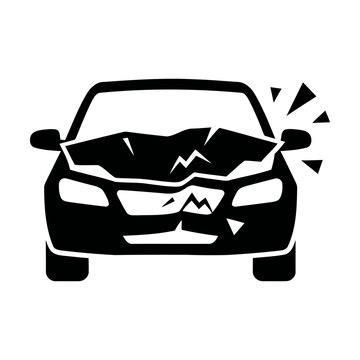 Black car icon showing a front end collision with a smashed hood and broken windshield glass Vector
