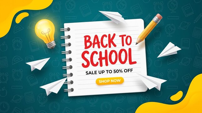 Back to school sale banner with notebook and pencil