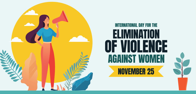 International day for elimination of violence against women website and Social media banner cover header design with woman holding megaphone for advocacy and voice in flat vector style illustration