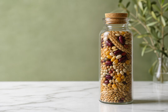 Seed bank vial with mixed wheat corn and legumes on marble surface for food security crop resilience genetic preservation biodiversity conservation sustainable agriculture