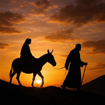 Silhouette of Mary on a donkey, with Joseph guiding them as they journey through a breathtaking sunset
