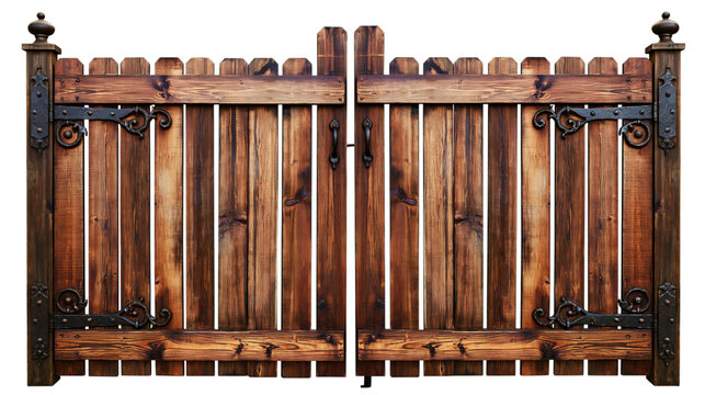 Rustic wooden gate isolated on a transparent background, showcasing aged timber, decorative metalwork, and a charming, weathered aesthetic for design