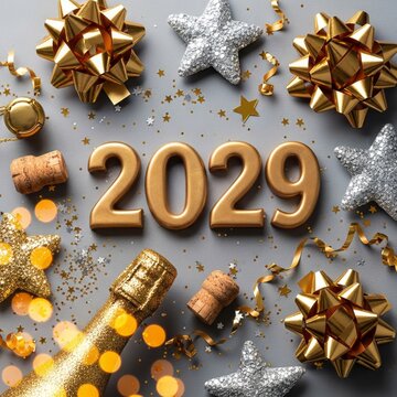 Golden 2029 New Year celebration with champagne and festive decorations, shimmering stars, and sparkling confetti