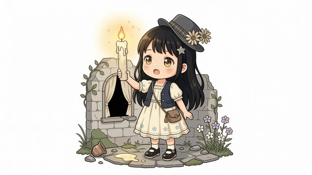 Cute Girl Exploring Ancient Ruins with a Candle