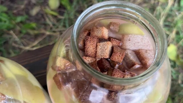 bread kvass in jars close-up . High quality 4k footage