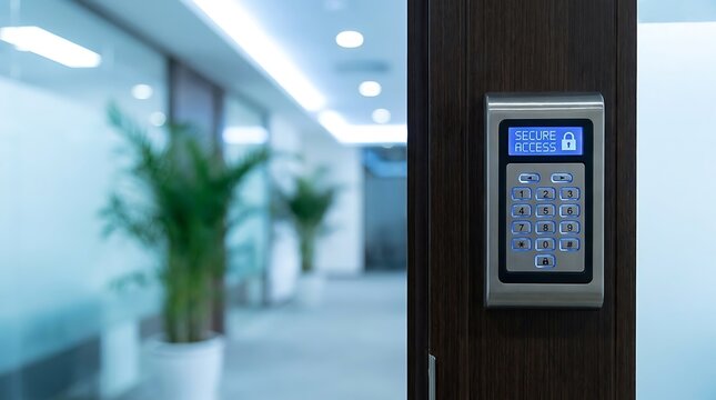 Electronic digital keypad lock mounted on a modern office building door for secure access control and safety system