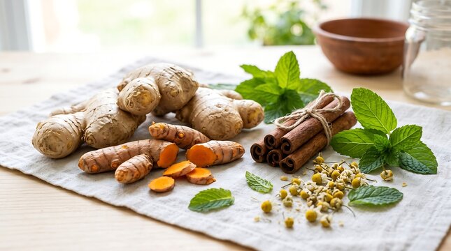 Assortment of fresh ginger turmeric cinnamon and chamomile flowers on white linen cloth for traditional ayurvedic herbal medicine and wellness concept