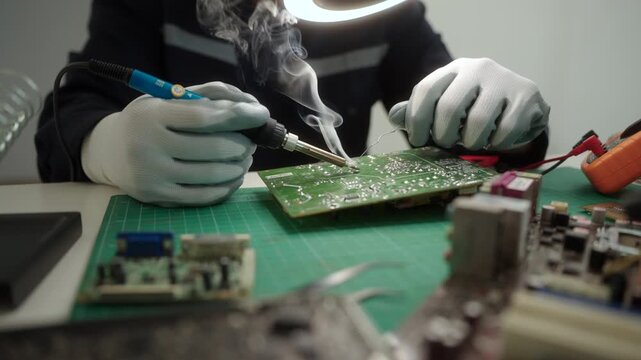 Electronics technician soldering a printed circuit board during electronic equipment repair. Precision engineering, PCB diagnostics, right to repair. Technology and electronics service.
