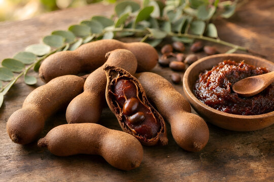 Fresh organic tamarind pods with tamarind paste in wooden bowl