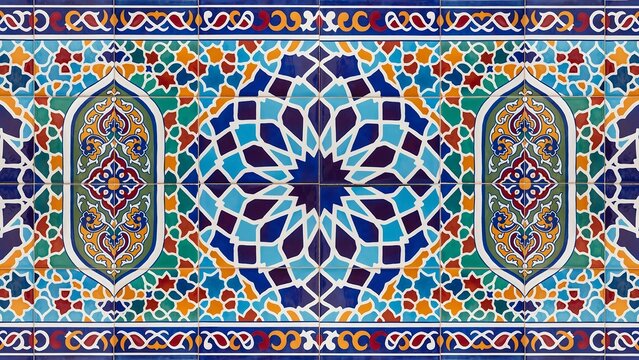 Vibrant Traditional Islamic Geometric Tile Pattern with Floral Motifs and Arabic Calligraphy Border Design