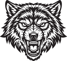 Fototapeta premium Black and white of a snarling wolf head with detailed fur texture