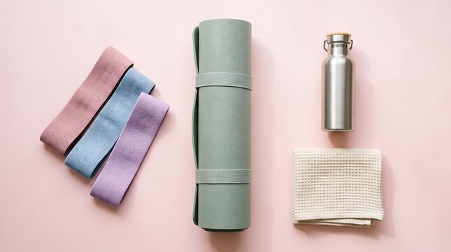 Fitness and yoga equipment including resistance bands exercise mat stainless steel water bottle and towel on pastel pink background for home workout